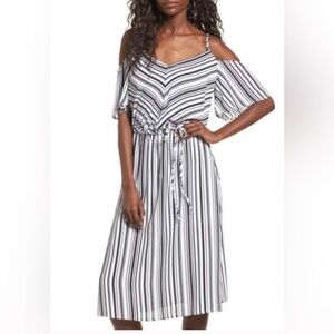 Mimi Chica Black and White Striped Cold Shoulder Dress